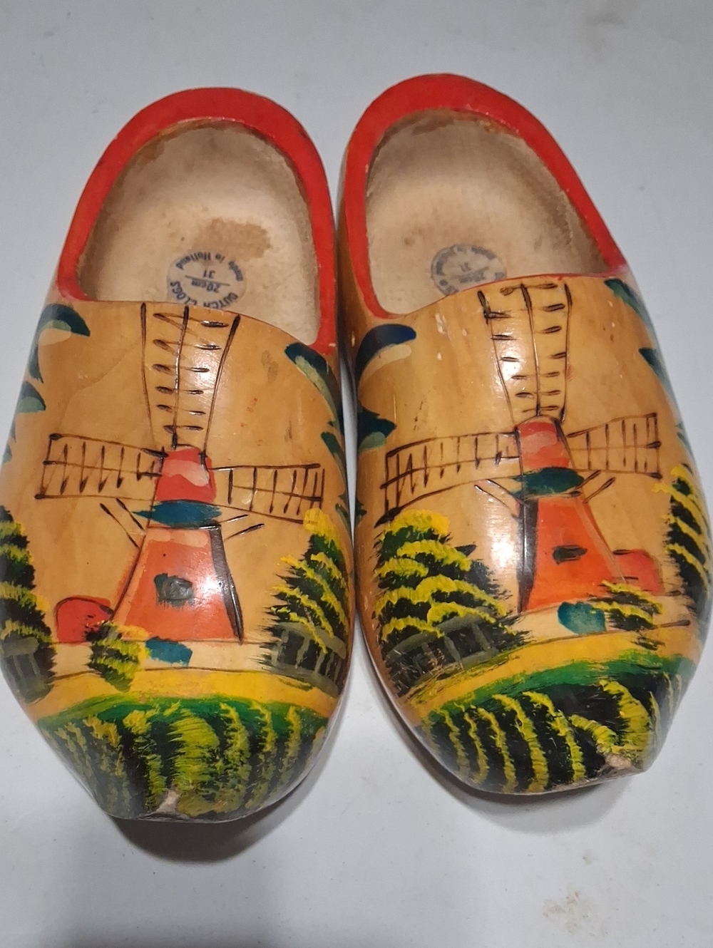 Hand-Painted Kids Wooden Clogs with Red Trim and Windmill Motif